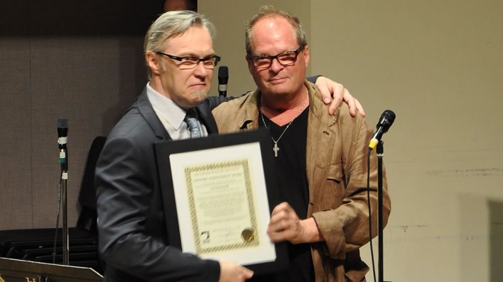 Kirk MacDonald receiving the TMA Lifetime Achievement award from Charlie Gray