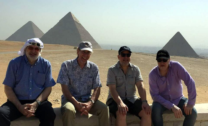 Andre White, Neil Swainson, Kirk MacDonald & Brian Dickinson in front of the Pyramids in Egypt